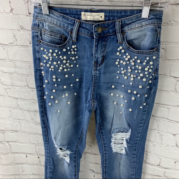Angel Kiss Distress Pearl Raw Hem Skinny Jeans - Picture 6 of 6
